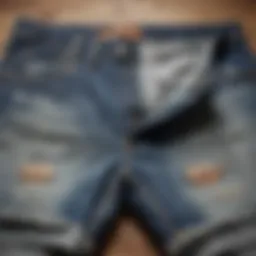 A stylish pair of distressed jean shorts on a wooden surface