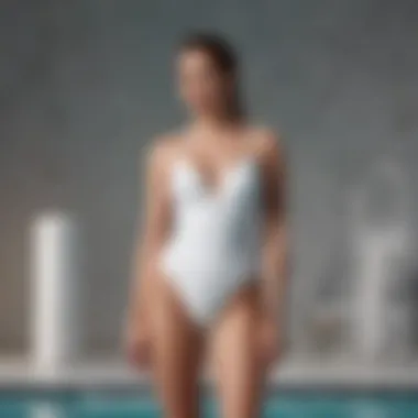 A collection of chic white swimsuits displayed on a stylish background