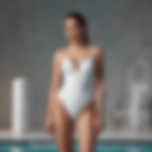 A collection of chic white swimsuits displayed on a stylish background