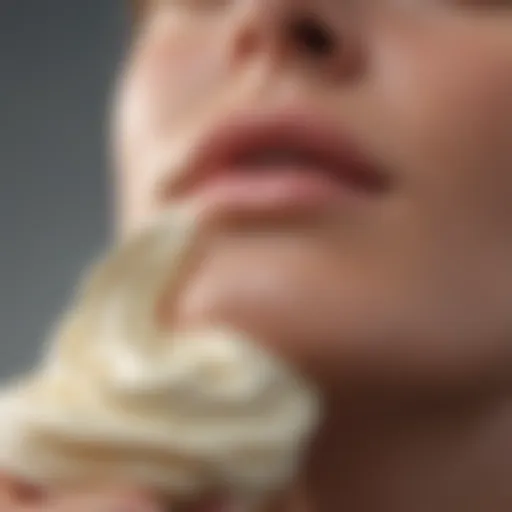 A close-up of a luxurious cream being applied to the skin, showcasing its texture and consistency.