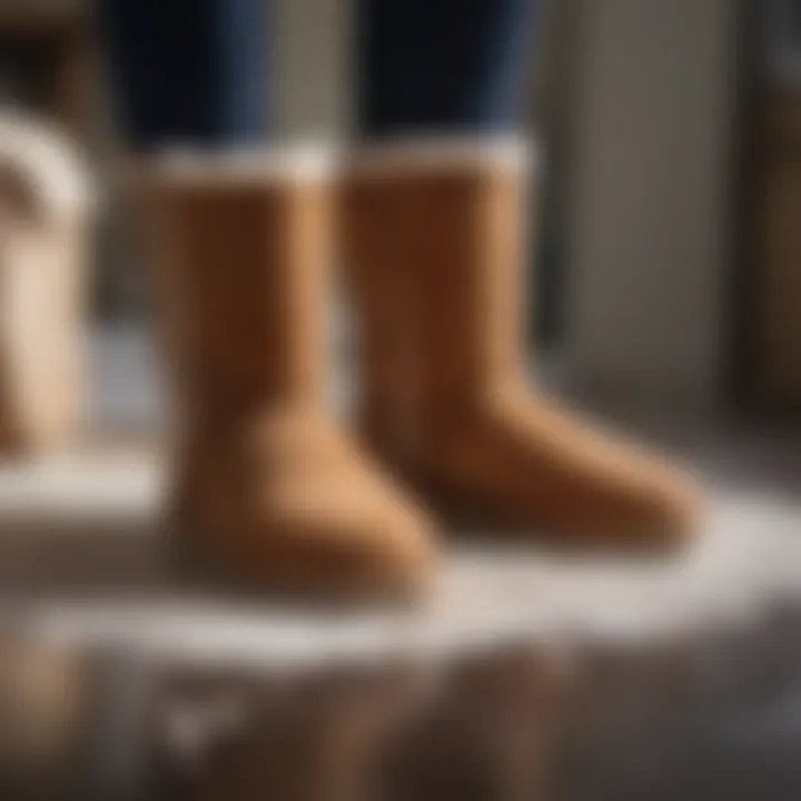 A close-up of Ugg boots being cleaned with care