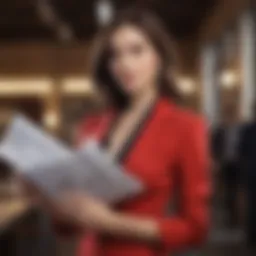 Elegant woman wearing a chic outfit and holding a financial report