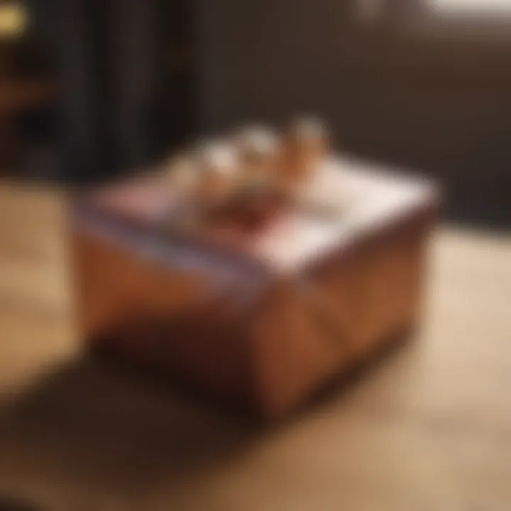 A beautifully wrapped gift made from recycled materials placed on a natural wooden table.
