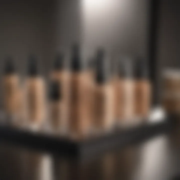 A variety of hypoallergenic foundation bottles on a vanity