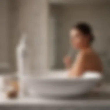 A serene bathroom setting with a lotion application scene