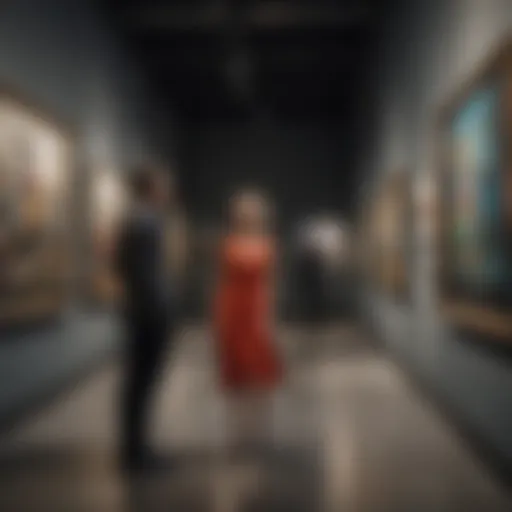 A couple enjoying a vibrant art gallery tour, immersed in conversation.