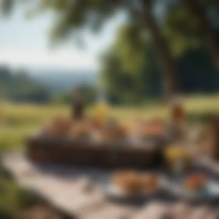 A cozy outdoor picnic setup with gourmet treats and a scenic backdrop.