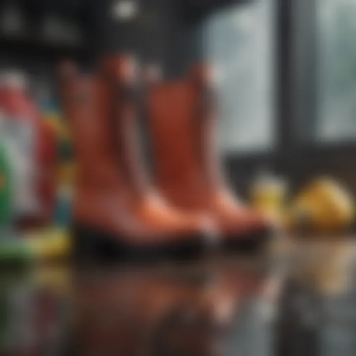 A pair of narrow rain boots next to cleaning supplies for maintenance.