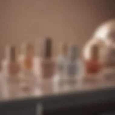 An elegant display of neutral polishes alongside fashion accessories.