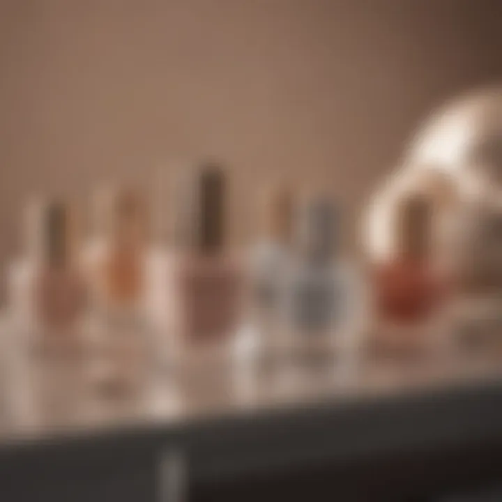 An elegant display of neutral polishes alongside fashion accessories.