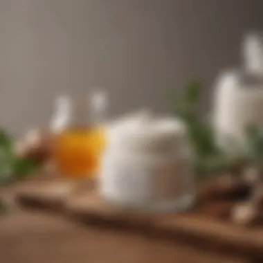 A close-up of a cream jar surrounded by natural ingredients