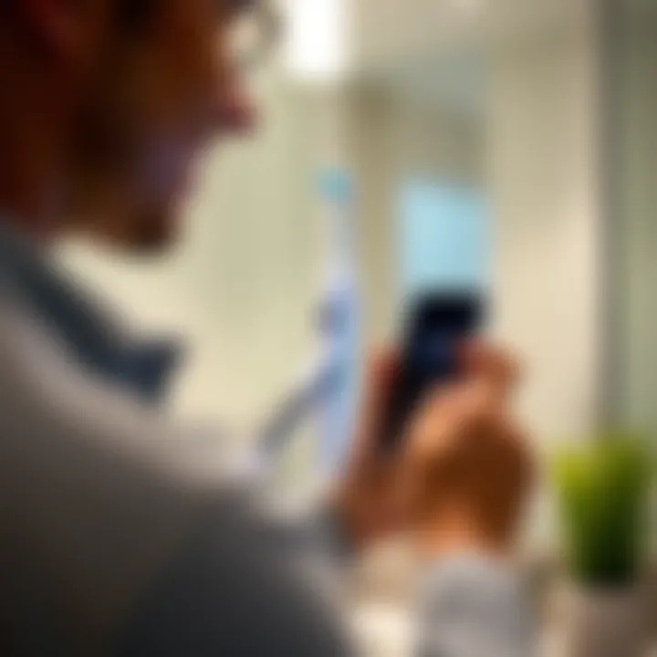 A user interacting with a smart electric toothbrush demonstrating its connectivity and app integration.