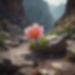 A delicate flower blooming in a rocky landscape, symbolizing rare beauty.