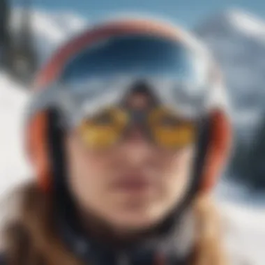 Ski goggles reflecting snowy landscape