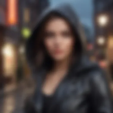 Sleek faux leather jacket with hood against city backdrop