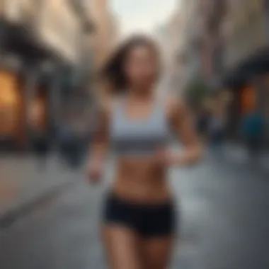 Chic Urban Jogging Session Stylish woman jogging in urban city environment