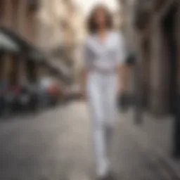 Elegant woman in white jeans walking down a city street