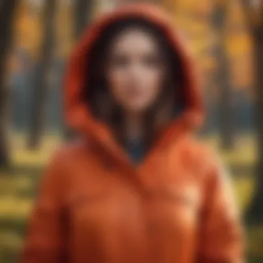 Stylish woman in a parka jacket with hood in a vibrant autumn landscape