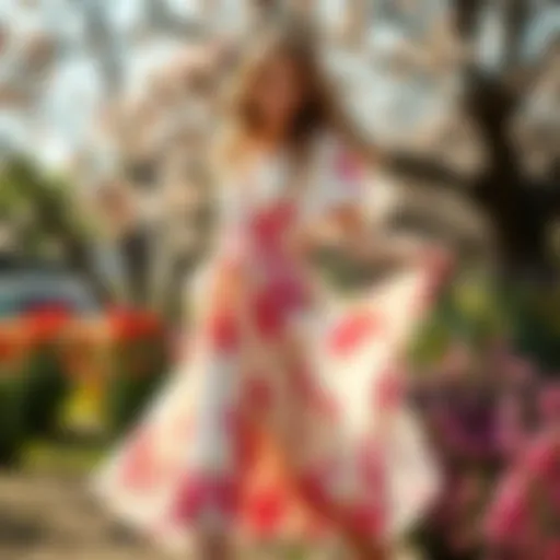 A flowy spring dress adorned with floral patterns in a sunny outdoor setting