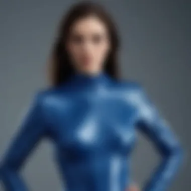 Design Variations in Blue Latex Fashion Various design variations of blue latex dresses featured in a fashion editorial spread.