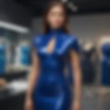 Elegance of the Blue Latex Dress A striking blue latex dress elegantly displayed on a mannequin in a fashion boutique.