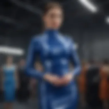 A stylishly accessorized blue latex dress featured at a high-profile fashion event.