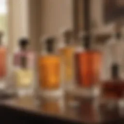 A collection of various perfume bottles arranged aesthetically on a vanity.