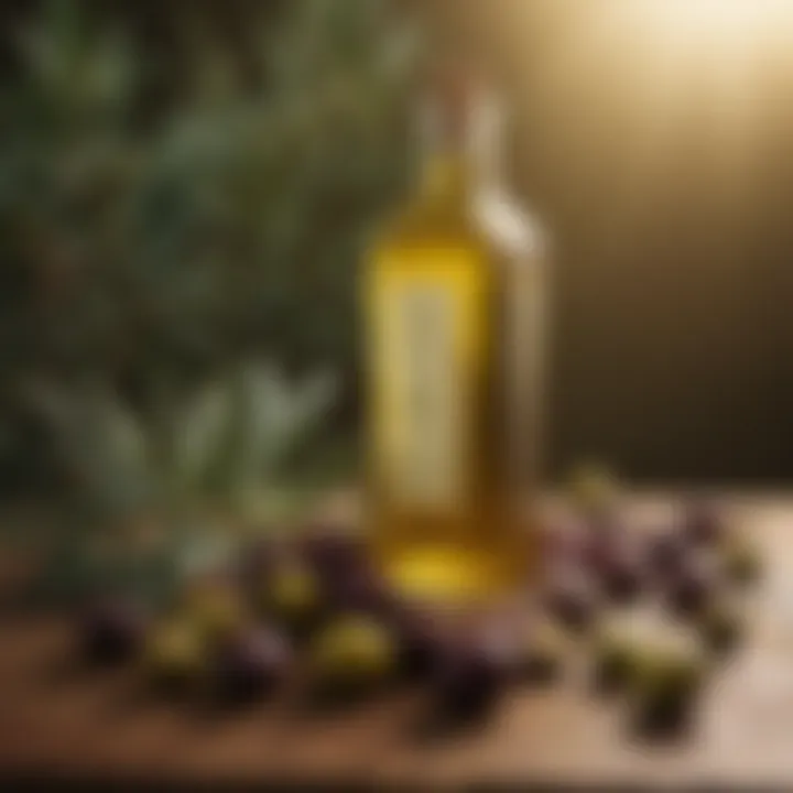 Natural olive oil in a glass bottle surrounded by olives