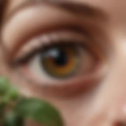 A close-up of a luxurious eye depuffer with botanical ingredients