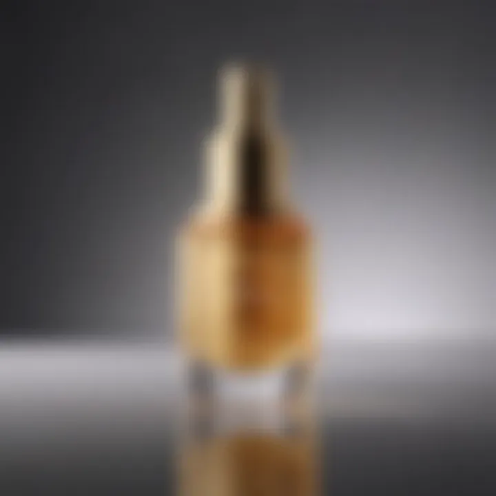 A close-up view of a luxurious face serum bottle with a rich, golden texture.