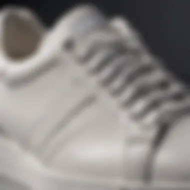 Close-up view showcasing the texture and craftsmanship of white leather athletic shoes