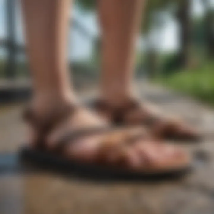 Different designs of walking sandals displayed outdoors