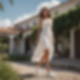 Elegant white sneakers paired with a flowy dress in a chic outdoor setting