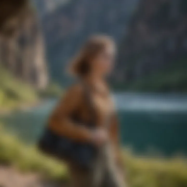 Traveler holding a nylon purse against a scenic backdrop