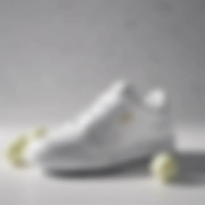 Various affordable brands of all-white tennis shoes displayed
