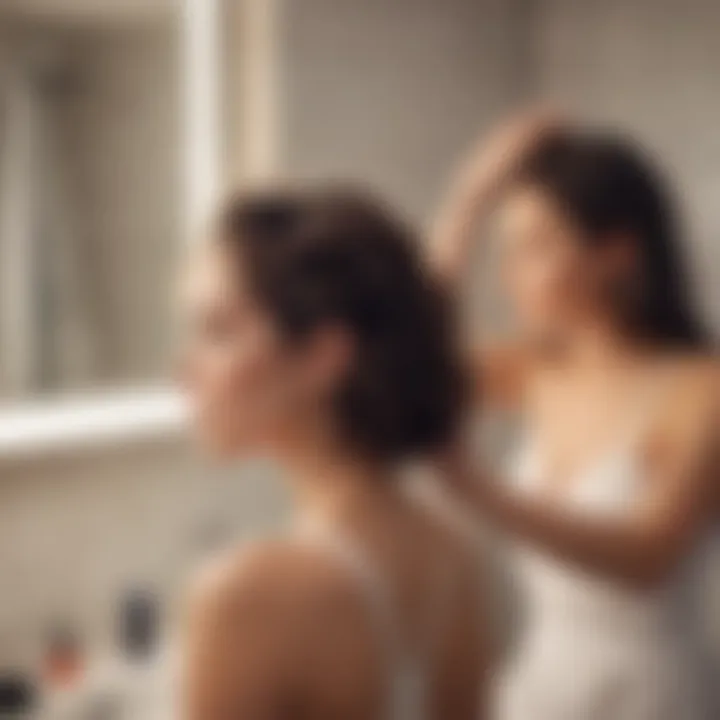 An individual applying hair tonic in a stylish bathroom setting.