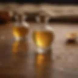 A close-up of argan oil droplets glistening on a wooden surface