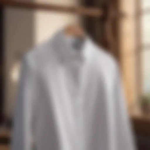 Elegant white cotton button down shirt displayed on a wooden hanger