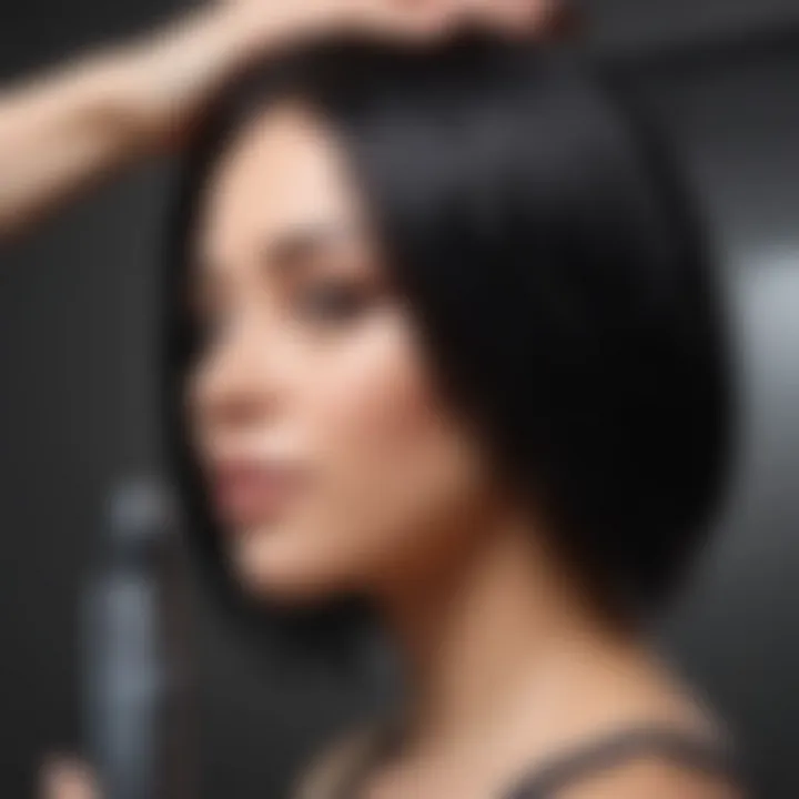 Black hair being styled with heat protection spray