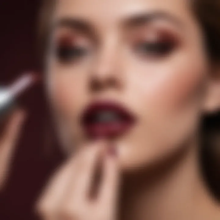 Chic woman applying burgundy lipstick with precision and confidence