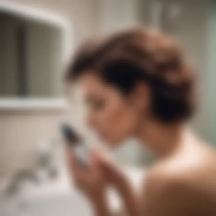 User applying Vegamour Advanced Hair Serum in a bathroom setting reflecting a daily routine