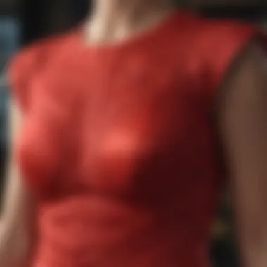 Close-up of intricate stitching on the red exercise dress