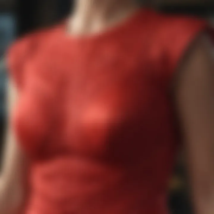 Close-up of intricate stitching on the red exercise dress