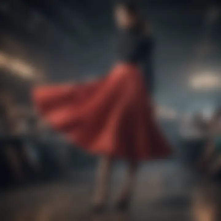 A model showcasing a pleated skirt at a fashion event, emphasizing its elegance.