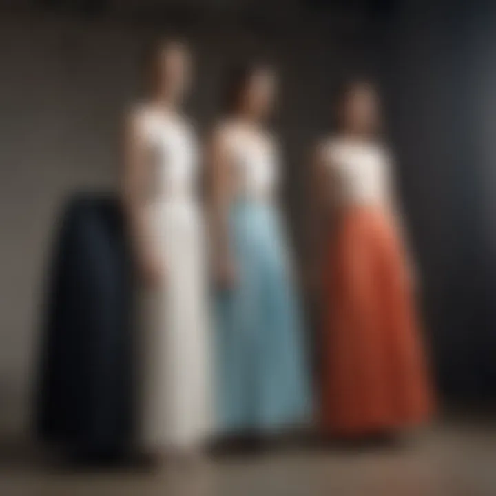Variety of pleated skirts on display, highlighting different fabrics and colors.